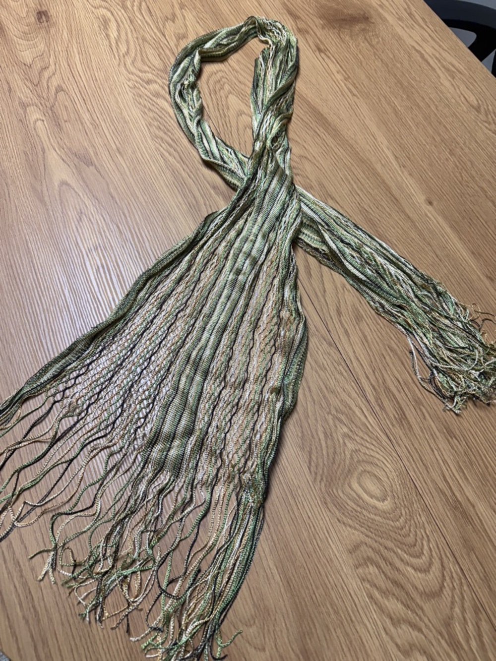 Lightweight Green cream and black Fringe Scarf